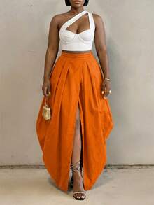 BamGlimmer Holiday Vacation New Design Plus Size Orange Plus Size Skirt, Fashionable Vibrant Vacation Hip-Hop Casual Style, Suitable For Travel, Vacation, Daily Wear, Back To School, Party, Gathering - Orange - View 7