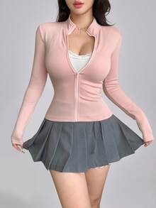 DAZY 女款春夏秋粉色修身顯身材運動瑜伽百搭打底開襟外套 T-shirt，韓系 Y2K 風格 - 粉色 - 查看 3