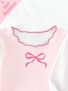 [Randomly Sent 1 Set]Baby Girl Spring/Autumn New Bowknot, Cherry, Mixed Print Knitted Top With Ruffle Hem And Contrast Trim, Long Sleeve Pants 2-Piece Set, Casual Home Wear 1Sets - Grey - View 5