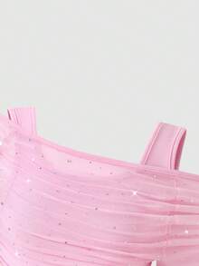 SHEIN Sparklyn 女童春秋新款背心內搭二合一露肩亮片網紗長袖上衣，時尚優雅甜美可愛活潑，獨特質感必備穿搭 - 粉色 - 查看 5