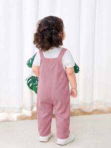 SHEIN Baby Girl Woven Solid Color Floral Pattern Overall Romper - Dusty Pink - View 6