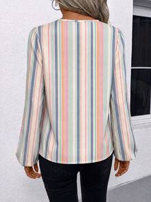 SHEIN LUNE Casual Minimalist Colorful Faux Texture Striped All-Over Print Pattern Women's Shirt Suitable For Spring And Autumn - Multicolor - View 8