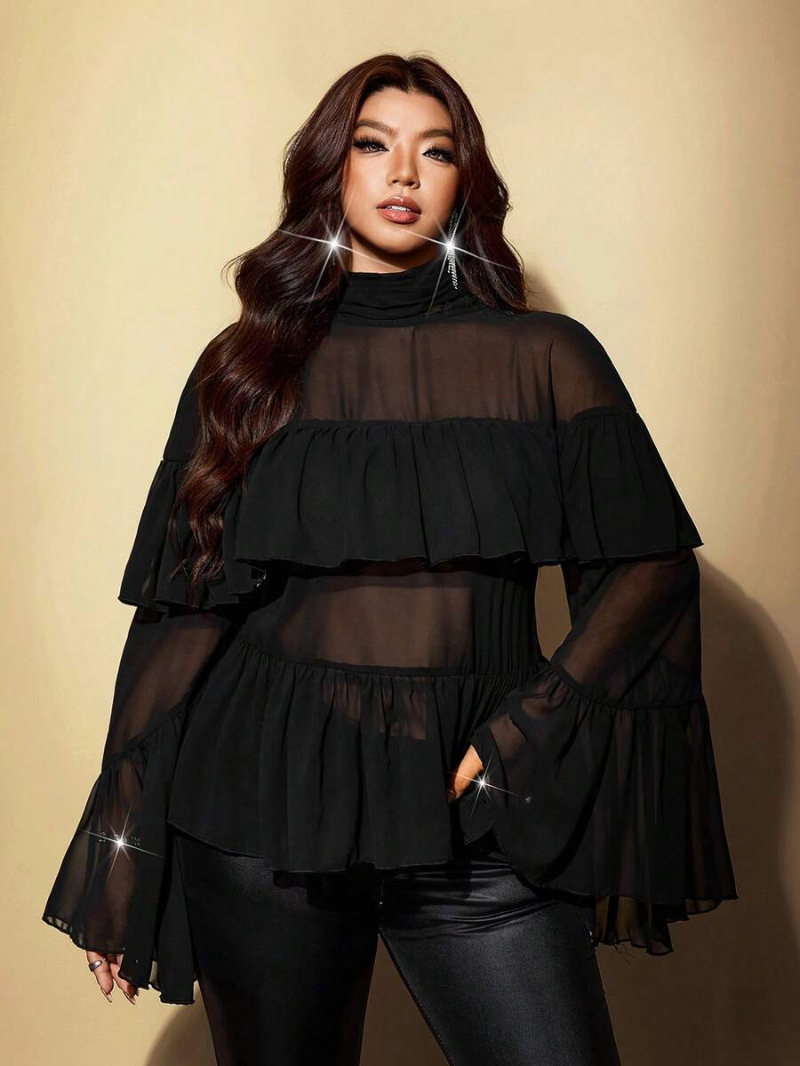 Viva Relle Plus Size Sexy Street Sheer Ruffle Hem Blouse - Black - View 1