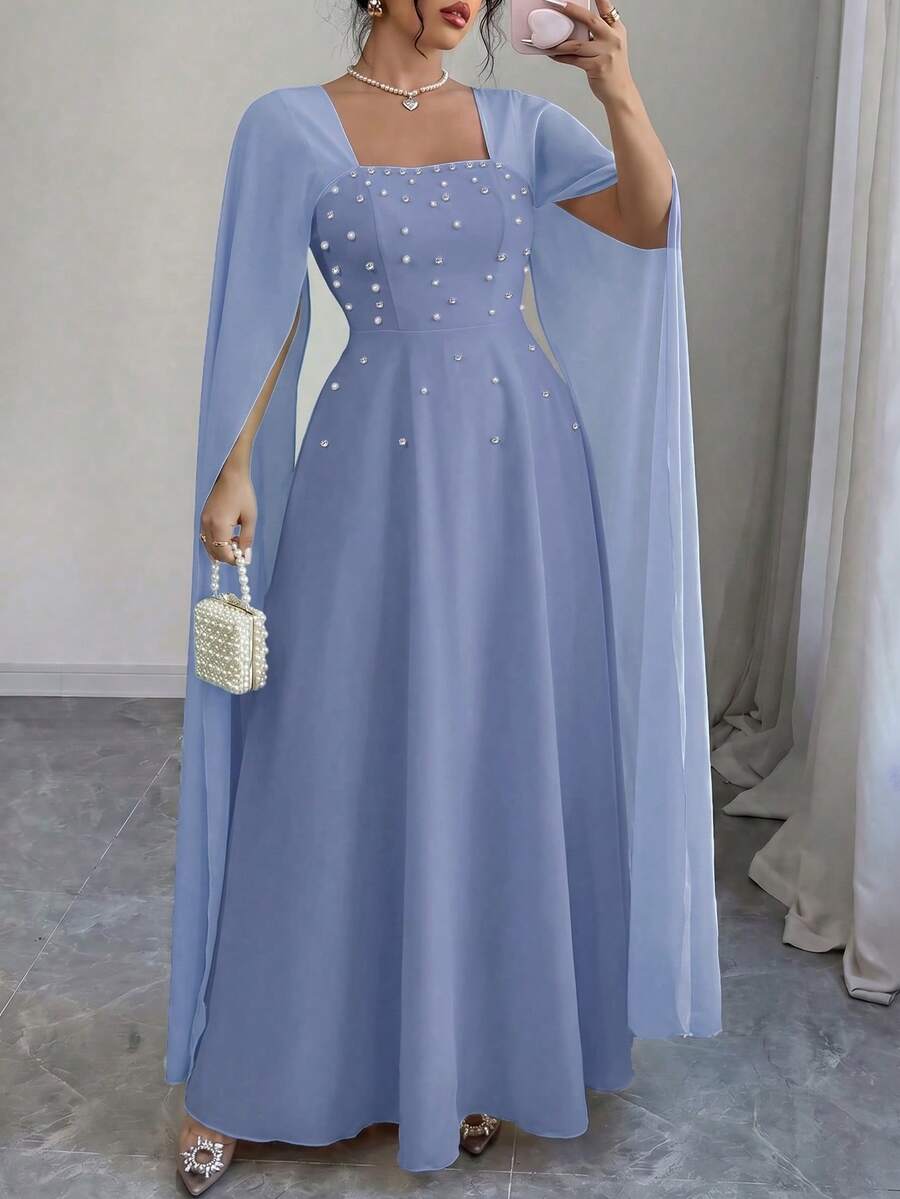 Elenzga Plus Size Women's Pale Yellow Cape Sleeve Evening Dress, Square Neck Waist-Cinching Beaded Chiffon Dress, Suitable For Wedding Guests, Mature Dating, Formal Occasions, Gentle Pale Yellow With Ethereal Atmosphere, Cape Sleeve Design Conceals Arms And Looks Elegant, Beaded Accents Exquisite And Luxurious, High Waist A-Line Full Skirt Conceals Body And Slims, Easily Create A Gentle And Noble Look - Blue - View 1