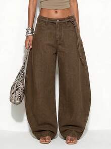 Normani Women's Fashion Versatile Button Pocket Loose Fit Denim Jeans Women's Fall Teacher Pants - Coffee Brown - View 1