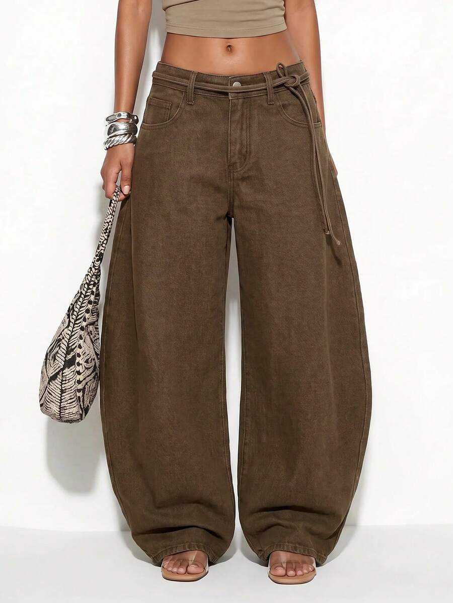 Normani Women's Fashion Versatile Button Pocket Loose Fit Denim Jeans Women's Fall Teacher Pants - Coffee Brown - View 1