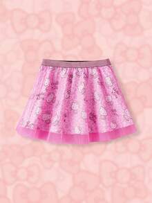 HELLO KITTY AND FRIENDS | SHEIN 休闲甜美芭蕾风格粉色网眼双层豹纹宽松A字裙，夏季 - 彩色 - 查看 1