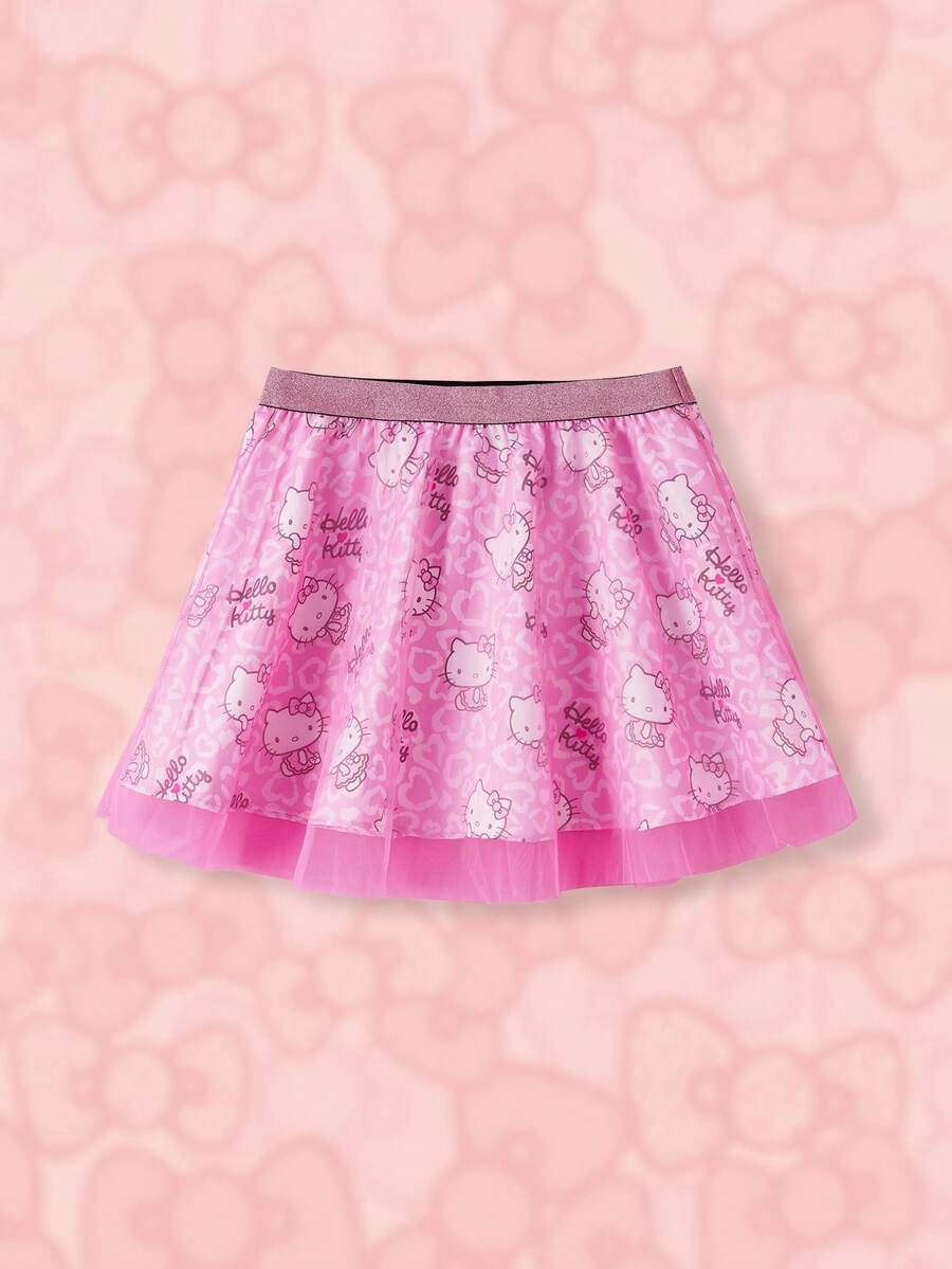 HELLO KITTY AND FRIENDS | SHEIN 休闲甜美芭蕾风格粉色网眼双层豹纹宽松A字裙,夏季 - 彩色 - 查看 1