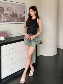 K-Vae 女款純色百褶休閒百搭日常穿搭掛脖上衣 - 黑色 - 查看 4