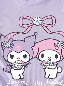 HELLO KITTY AND FRIENDS | SHEIN 青少年女孩卡通印花休闲简约短袖 T 恤，夏季 - 淡紫色 - 查看 4