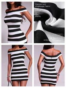 Nuvra Striped Off-Shoulder Waist-Cinching Slimming Short Dress - Black and White - View 11