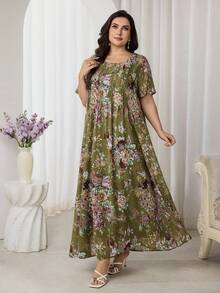 Al Najma Plus Size Women Floral Print Ruched Short Sleeve Arabic Style Dress - Multicolor - View 3