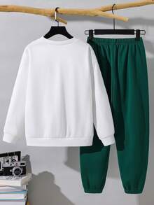 SHEIN 2件組兒童青少年男孩新款白色運動衫套裝，Y2K風格，Mini World，數字67，適合秋冬、學校、家庭聚會、開學季、運動，秋季穿搭，冬季穿搭 - 彩色 - 查看 6