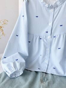 SHEIN 兒童青少年女孩休閒日常舒適寬鬆荷葉領上衣 - 藍色 - 查看 4