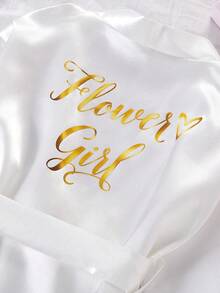 Girls White Soft Satin Long Sleeve Tie-Front Pajamas With Back Graphic Print, Loungewear Crew Neck Cotton Solid Bow Letter Fall Autumn/Winter Set - White - View 4