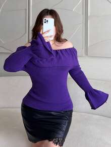 Vibekara Sweater Pullover Lengan Lonceng Berkerut Elegan Seksi Desain Prancis Musim Gugur/Dingin Ukuran Besar untuk Makan Malam dan Acara Keluar Rumah - Purple - View 4