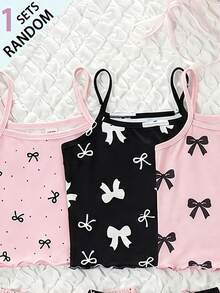 [Dikirim 1 Set Secara Acak] Piyama Anak Perempuan Remaja Musim Panas Model Baru Terlaris dengan Pita, Polkadot, dan Kombinasi Motif Kotak-kotak, Rajutan, dan Hiasan Rumbai, Model Camisole - Berwarna merah muda - View 4