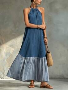 Trelyra Gaun Pantai Wanita Musim Panas Tropis Boho Patchwork Longgar Leher Halter Ikat Belakang Terbuka Belakang dengan Garis-garis Biru dan Putih - Biru - View 3