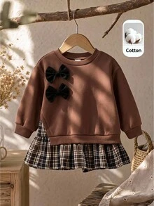 SHEIN Baby Girl Knit Solid Color Patchwork Plaid Hem Bow Casual Dress - Multicolor - View 5