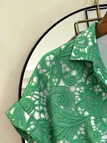 Franclia Fashionable French Design Loose Collared Women's Short Sleeve Shirt, Spring/Summer, Vacation - Green - View 3