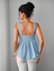 Momance Maternity Lace Camisole Top With Front Bow Tie, Back Tie, A-Line Ruffle Hem Blouse Babyshower Light Blue Summer Maternity - Blue - View 2