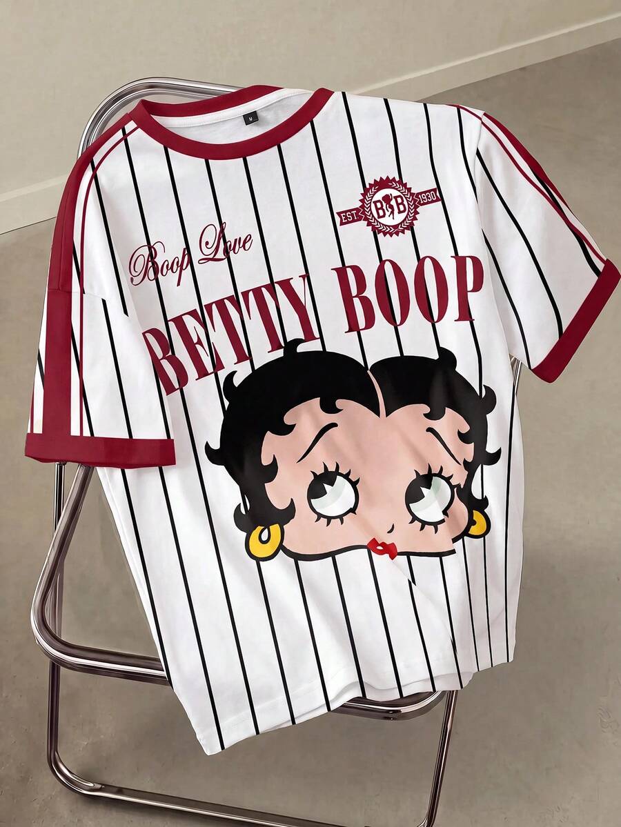 Betty Boop x SHEIN تي شيرت نسائي كاجوال بطباعة شرائط وشخصيات كرتونية وحروف، طراز الشارع الأنيق للارتداء اليومي والمدرسة والرياضة، صيفي - أبيض - مشاهدة 1