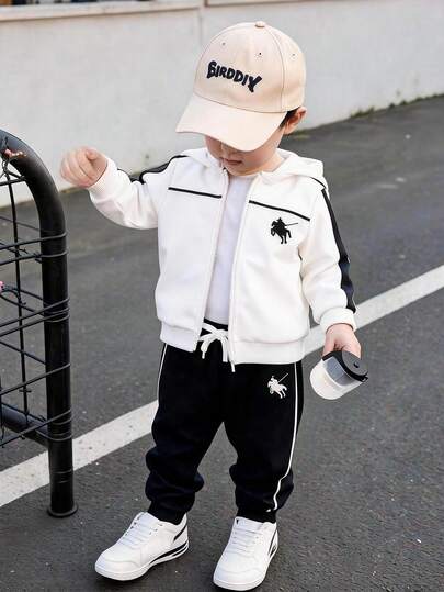 SHEIN Playful Pals Boys' Hoodie Sweatshirt & Pants Set, Autumn/Winter New Long Sleeve Hooded Zip-Up Sweatshirt With White Contrast Color And Patchwork White Stripes, Black Long Pants, Comfortable Casual Outfit For Daily Wear, Home Wear, Brother Matching
