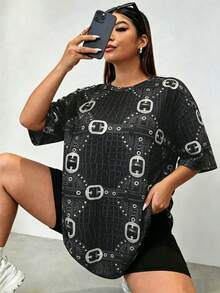 BamGleam Plus Size Women's All-Over Print Crew Neck Short Sleeve T-Shirt Music Festivals Black White Summer 90s Casual Going Out Formal - Black - View 9