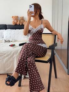 Napfluff 波點蕾絲拼接細肩帶背心與寬腿褲家居服套裝 - 棕色 - 查看 4