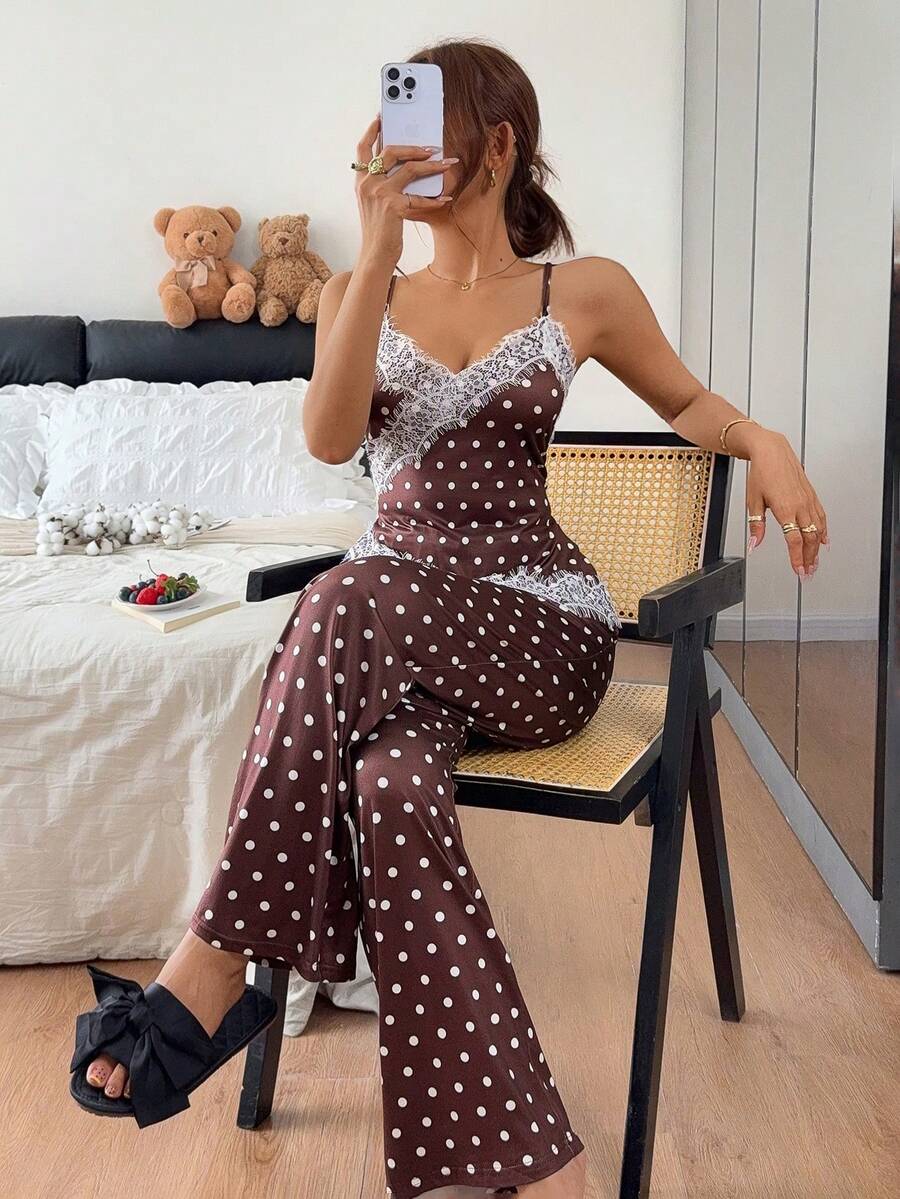 Napfluff Polka Dot Lace Patchwork Camisole & Wide Leg Pants Loungewear Set - Brown - View 1