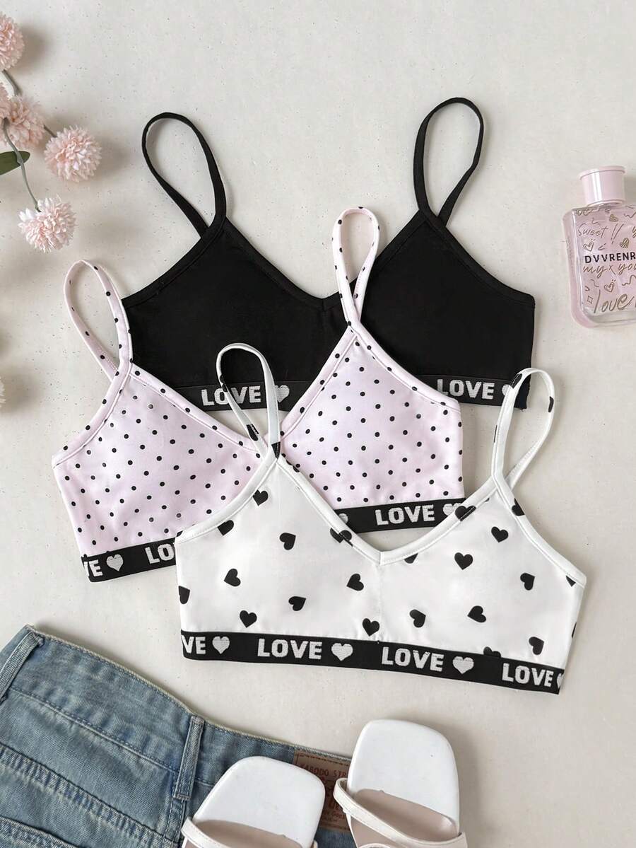 SHEIN Tween女孩 3件組極簡舒適純色V領加墊棉質無肩帶內衣套裝 波點愛心款 全季適用 - 彩色 - 查看 1