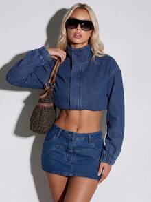 Normani Jaket Denim Kasual Lengan Panjang Pendek untuk Wanita - Medium Wash - View 4