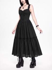 Sweetness Court Vintage Embroidered Long Dress - Black - View 1
