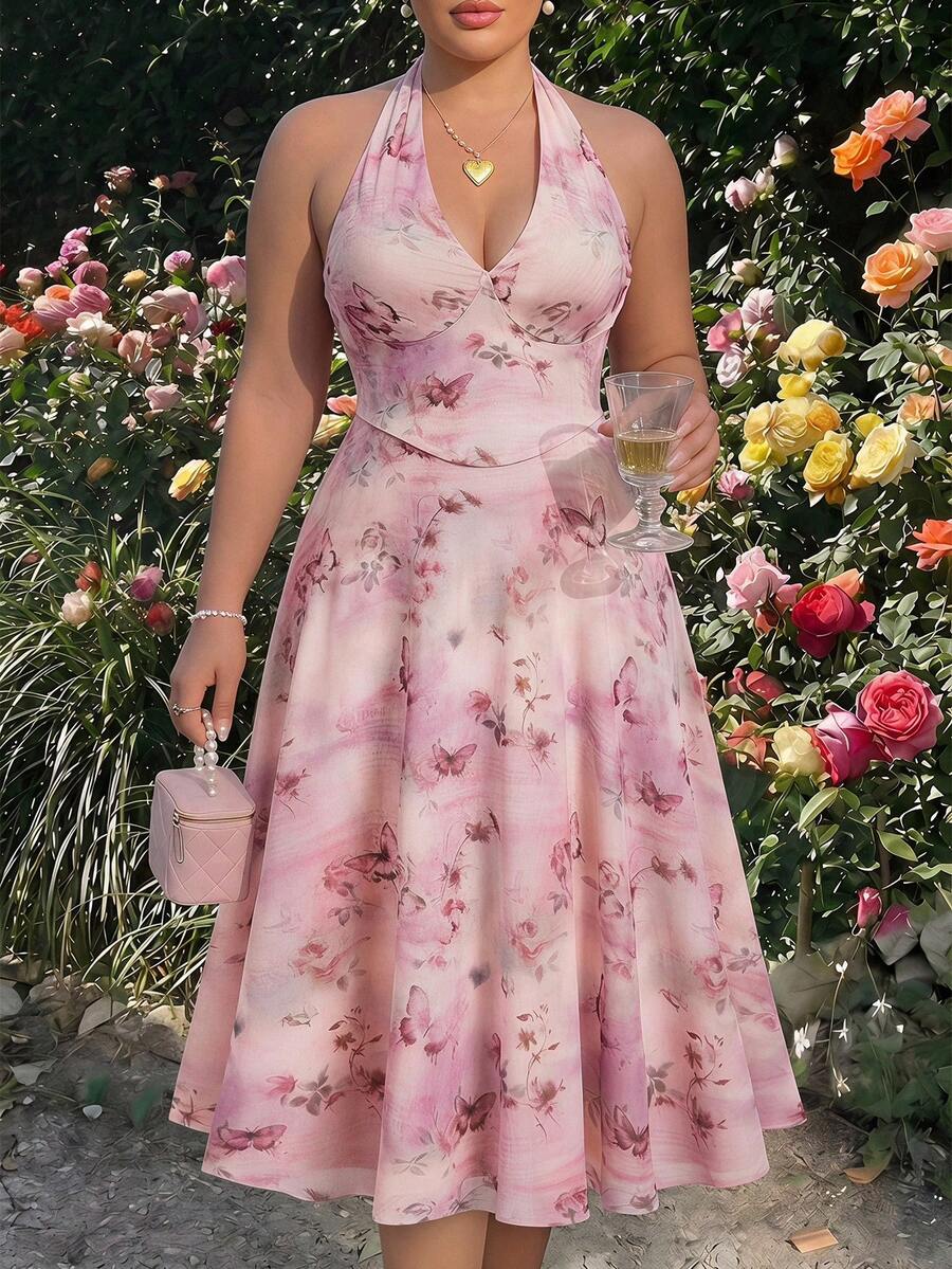 SHEIN MOD 大尺碼女款花卉印花掛脖繫帶休閒派對洋裝 - 彩色 - 查看 1