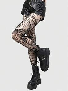 ROMWE Goth 1 par de medias de red con diseño de telaraña, Halloween - Negro - Ver 4