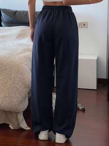 Livesso 女款純色直筒寬鬆口袋抽繩鬆緊腰運動長褲 - 藏蓝色 - 查看 2