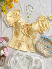 Soleia Women's Floral Print Tie-Front Top,Party,Vacation,Birthday,Going Out,Date,Homecoming - Yellow - View 5