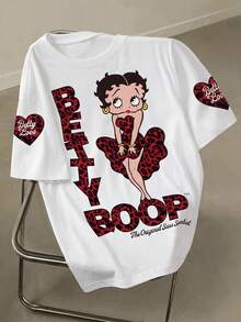 Betty Boop x SHEIN تي شيرت نسائي عصري متعدد الاستخدامات بطبعة نمر وشخصيات كرتونية ملونة بياقة دائرية - أبيض - مشاهدة 1