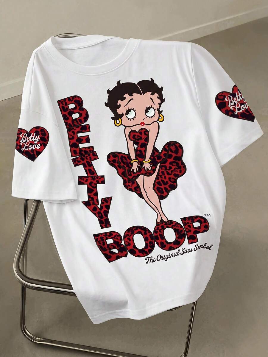 Betty Boop x SHEIN تي شيرت نسائي عصري متعدد الاستخدامات بطبعة نمر وشخصيات كرتونية ملونة بياقة دائرية - أبيض - مشاهدة 1