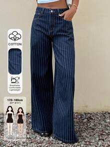 Dazy Tall Women's Striped Loose Straight Leg Vacation Style Denim Jeans Fall - Dark Wash - View 1