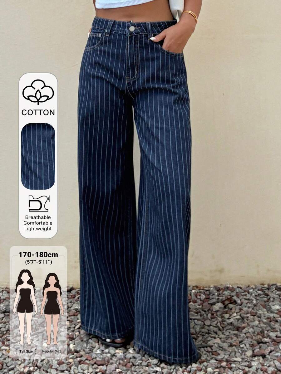 Dazy Tall Women's Striped Loose Straight Leg Vacation Style Denim Jeans Fall - Dark Wash - View 1