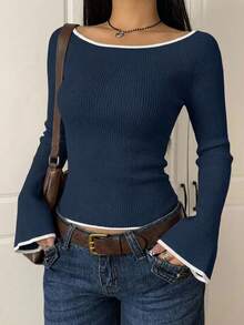 EURMUSE Fashionable Casual Ribbed Fitted Flare Sleeve Women Sweater - Navy Blue - View 3