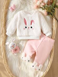 SHEIN Newborn Baby Girl Cute Sweet Style 2 Pieces Set, Knitted Fabric, Beige & Pink & White Striped Color, Shoulder Button Long Sleeve Top With Rabbit Embroidery, Pants With 3D Rabbit Design, Thermal Lined & Thickened, Suitable For Holiday Photos, Outfits, Autumn/Winter, 0-9 Months - White - View 3