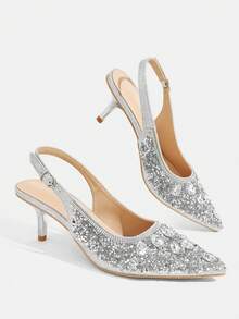 CUCCOO TILAWA Women's Fashion Electroplated And Glass Rhinestone Pointed Silver Women's High-Heeled Shoes, Suitable For Going Out, Banquets, Parties - Silver - View 4