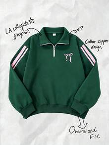 Genkimix Kids Sweatshirt lengan panjang warna hijau tua serbaguna dengan desain ritsleting dan motif pita untuk remaja putri, serta desain lengan warna kontras merah muda untuk musim gugur. - Dark Green - View 6