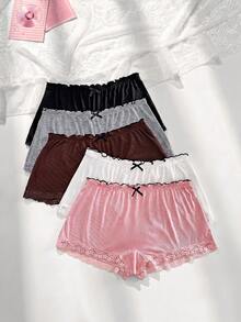 PetitDoll 5pcs/Set Celana Dalam Boxer Wanita Ukuran Besar Kasual dengan Hiasan Renda di Pinggang dan Hem Bergaris, 3 Warna - MultiWarna - View 1