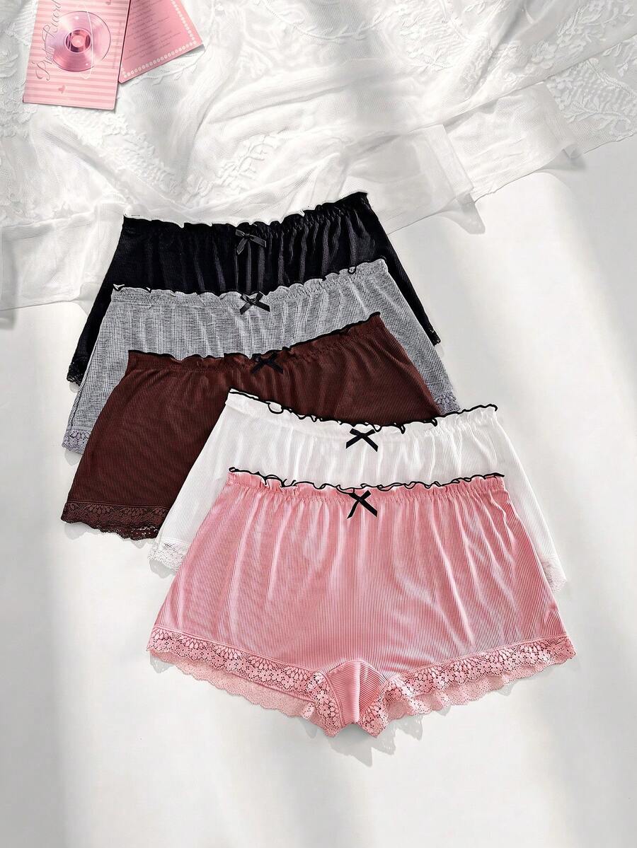 PetitDoll 5pcs/Set Celana Dalam Boxer Wanita Ukuran Besar Kasual dengan Hiasan Renda di Pinggang dan Hem Bergaris, 3 Warna - MultiWarna - View 1
