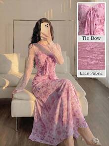 Modelyn French Design Lace Patchwork Bow Women's Long Dress - Dusty Pink - View 5