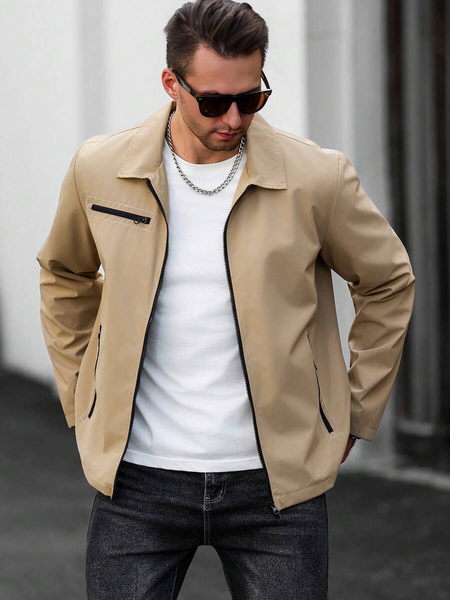 Manfinity CasualCool Men's Zipper Shirt Jacket, Casual Open Front Long Sleeve Outerwear - Khaki - View 1