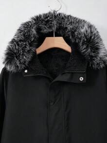 Teen Boys British Style Mid-Length Parka Jacket With Faux Fur Collar - Black - View 5